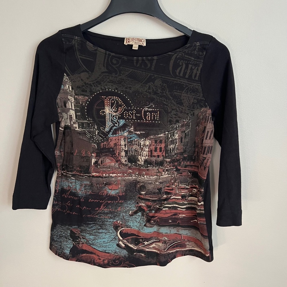 Blue Canyon Petite Black Graphic Post Card Venice Canal Rhinestone Cotton Top PL